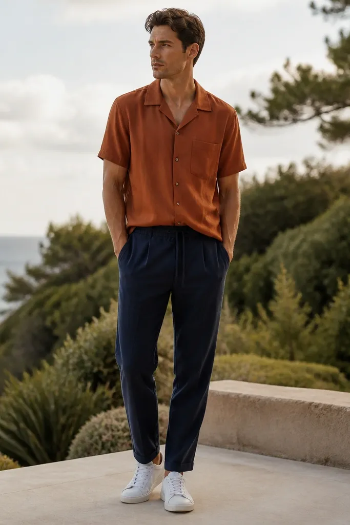 A rust orange short-sleeve camp collar shirt paired with navy lightweight trousers that have a relaxed waist; white sneakers; outdoor lighting.