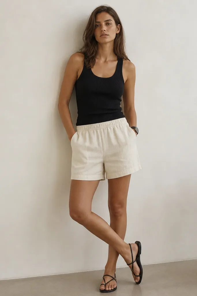A black ribbed tank top paired with oatmeal linen shorts; black watch; simple sandals; neutral background.