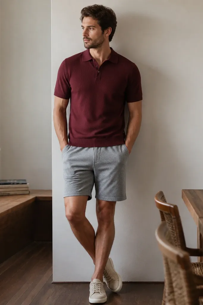 A burgundy knit polo with short sleeves paired with heather gray shorts; low-profile sneakers; indoor daylight.