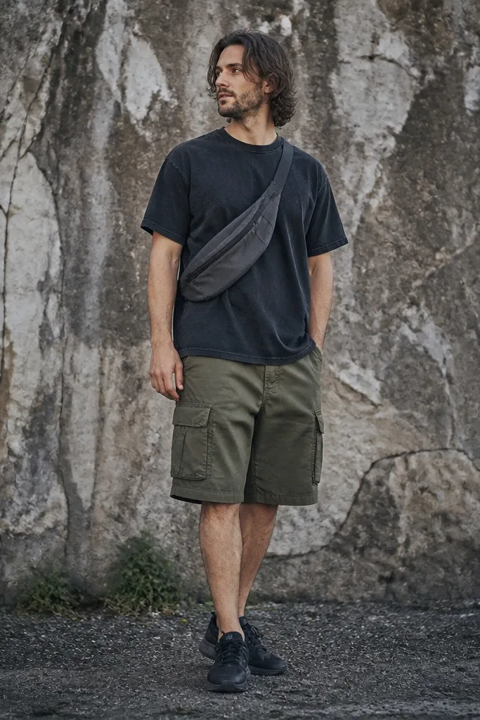 A man stands outdoors in a faded black cotton T-shirt, olive cargo shorts with visible flap pockets, and dark sneakers. A charcoal crossbody sling sits across the chest with a zipper track, and the outfit has a slightly loose, grunge fit.
