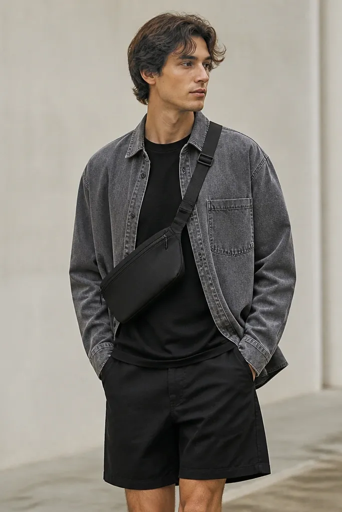 A grey stonewashed overshirt hangs slightly open over a black tee, with black shorts and a crossbody bag showing a woven webbing strap. The bag has a clean zipper and sits flat against the torso.