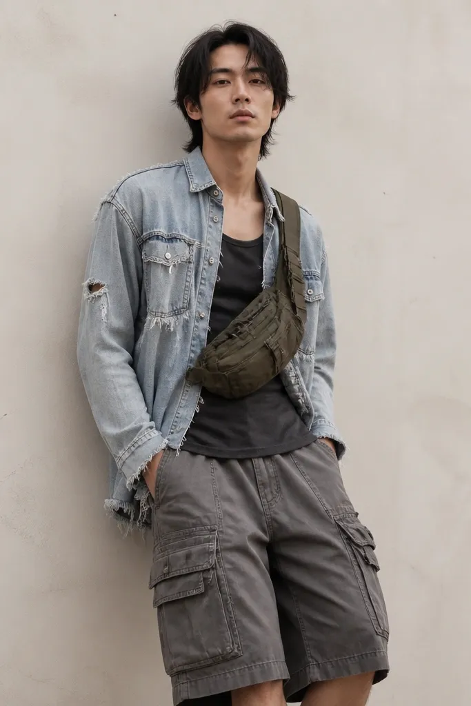 A distressed light-blue denim button-up with frayed seams is worn over a dark tank. Knee-length cargo shorts show multiple pockets, and an olive sling bag rides across the chest.