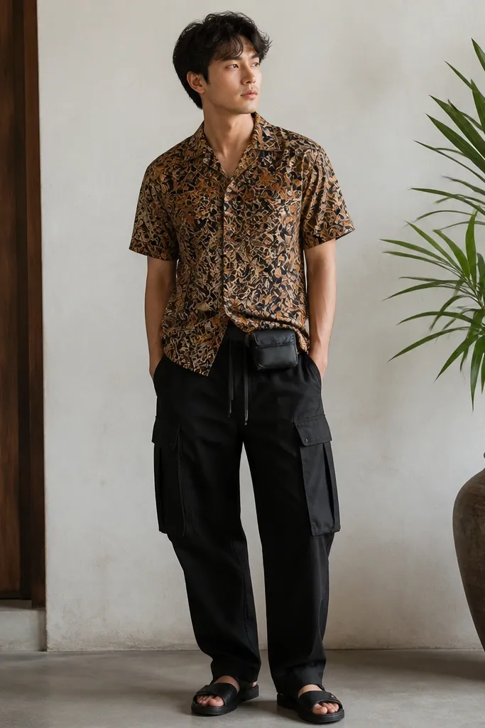 A short sleeve batik-print shirt in warm earthy tones is worn with black drawstring cargo pants. A small belt pouch sits at the waist, and the pants have large cargo pockets.