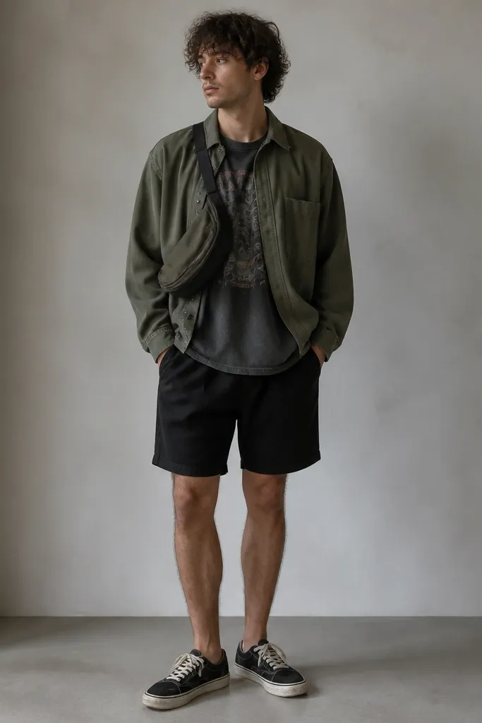 A faded band tee with a cracked graphic is layered under an olive overshirt. A small zipped sling bag crosses the chest, and the outfit is paired with black shorts and worn sneakers.