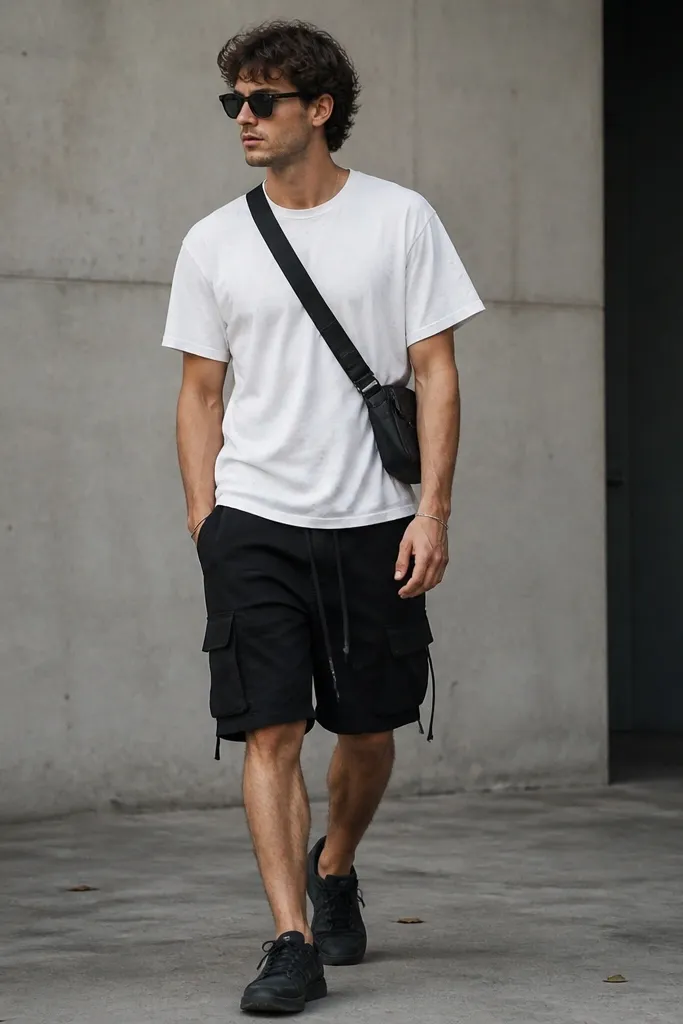 A white distressed tee with small fade marks is worn with black cargo shorts and a black crossbody bag. The sneakers are dark and slightly worn.