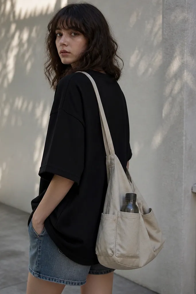 An oversized black tee covers the hips, washed denim shorts show worn seams, and a tote-style sling bag with side pockets hangs across the shoulder.