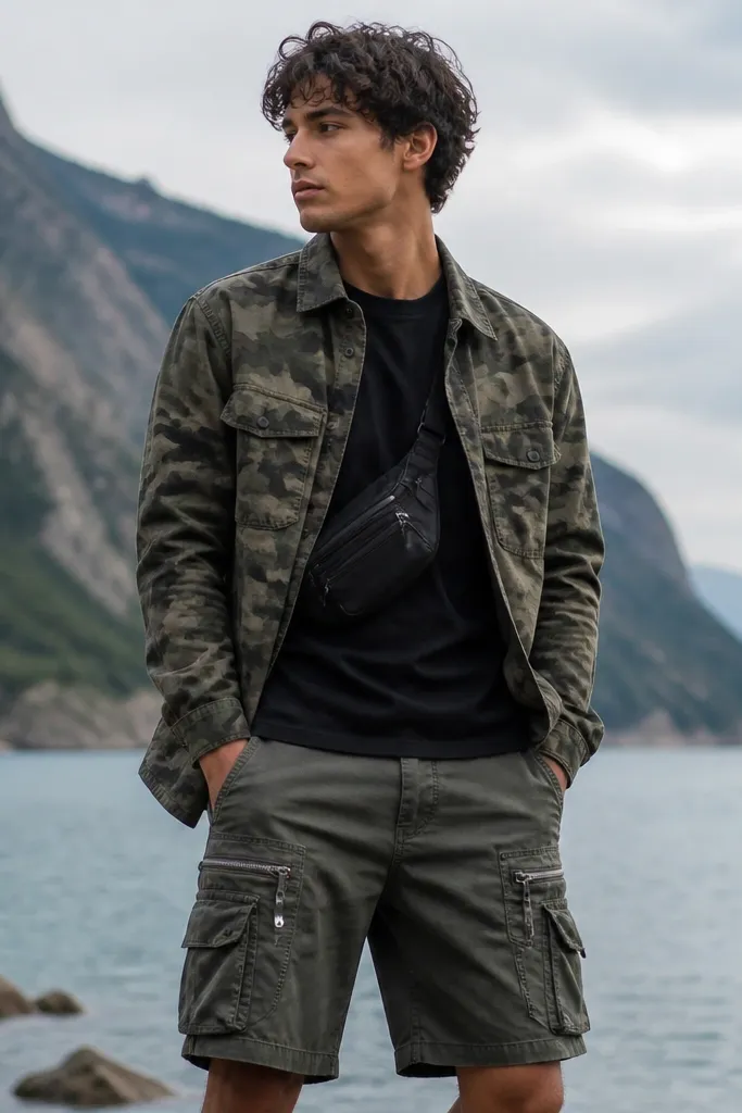 A camo overshirt in muted greens is worn over a solid dark tee. Utility cargo shorts have visible zip pockets, and a small black sling sits at the chest.
