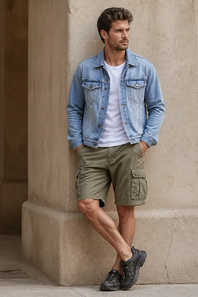 A light-blue faded denim jacket is worn over a white tee. Olive cargo shorts show multiple pockets, and the man wears dark sandals or sneakers with a rugged look.