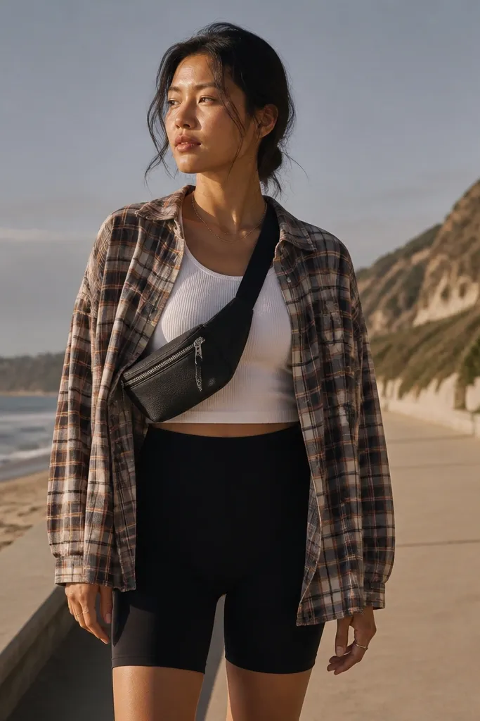 A plaid flannel hangs open over black bike shorts. A zipper sling bag crosses the chest, and the outfit looks layered but still light for summer.