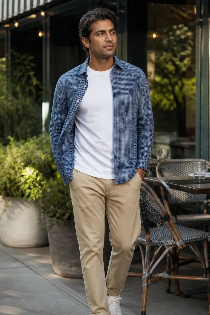 Blue micro-check flannel worn open over a white tee with light tan shorts and white sneakers