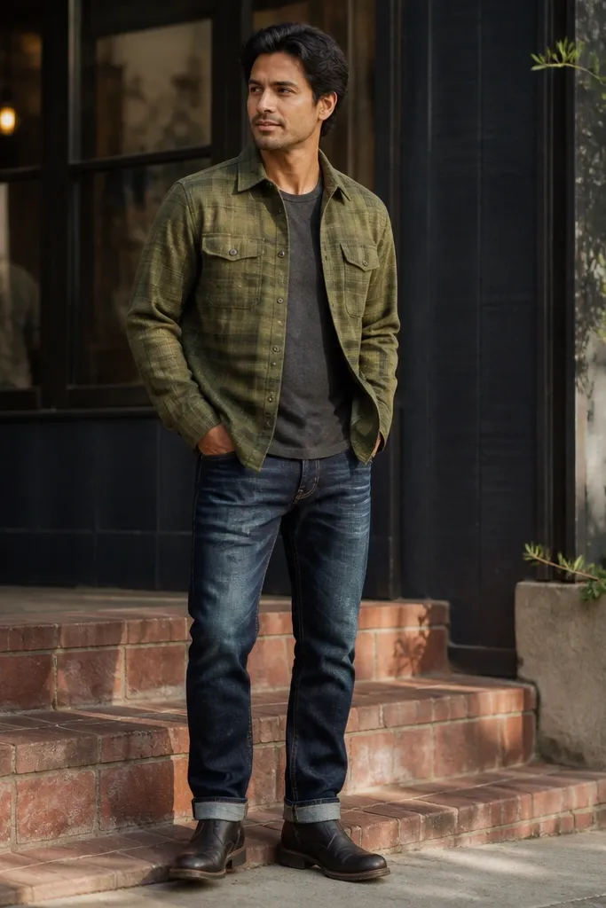 Olive flannel overshirt over a black tee with dark straight jeans and brown boots
