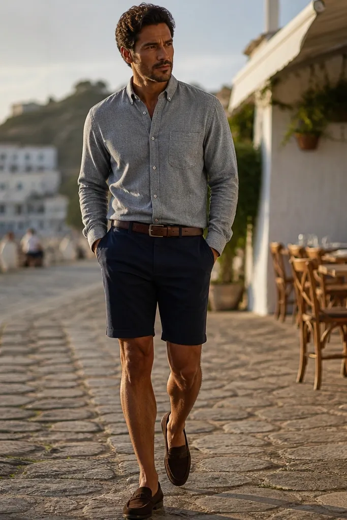 Grey flannel button-down tucked into navy shorts with brown belt and loafers