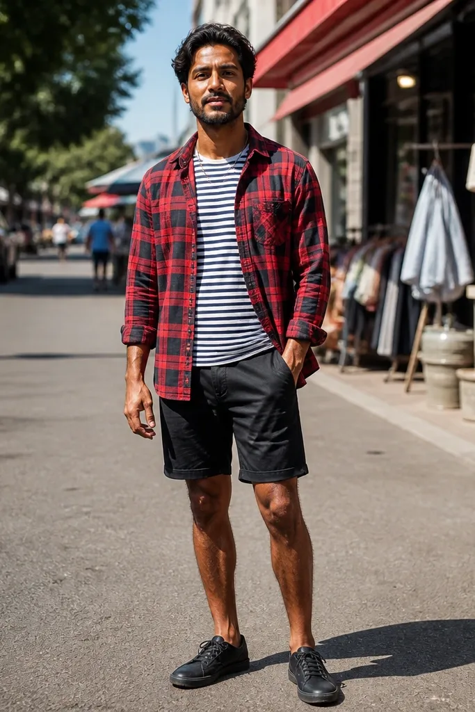 Red and black flannel open over a black and white striped tee with black shorts and high-top sneakers