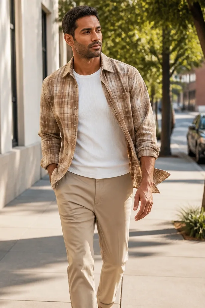 Tan flannel worn open over a white tank with khaki chinos and tan leather sandals or sneakers