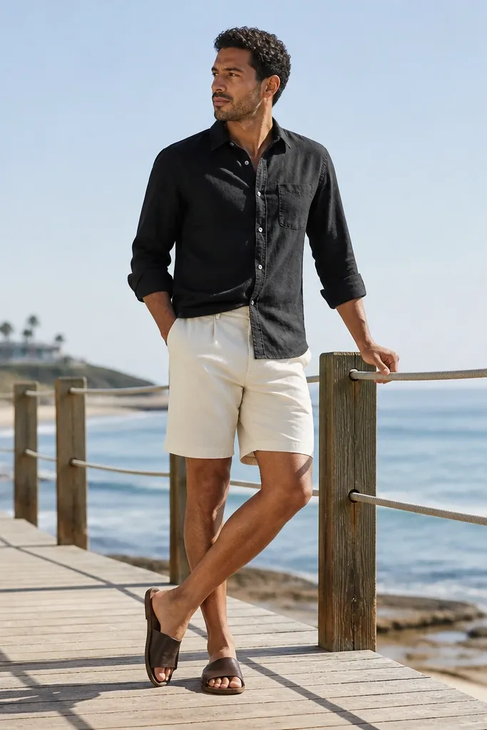 Black flannel button-down worn half-tucked with cream shorts and black leather slides