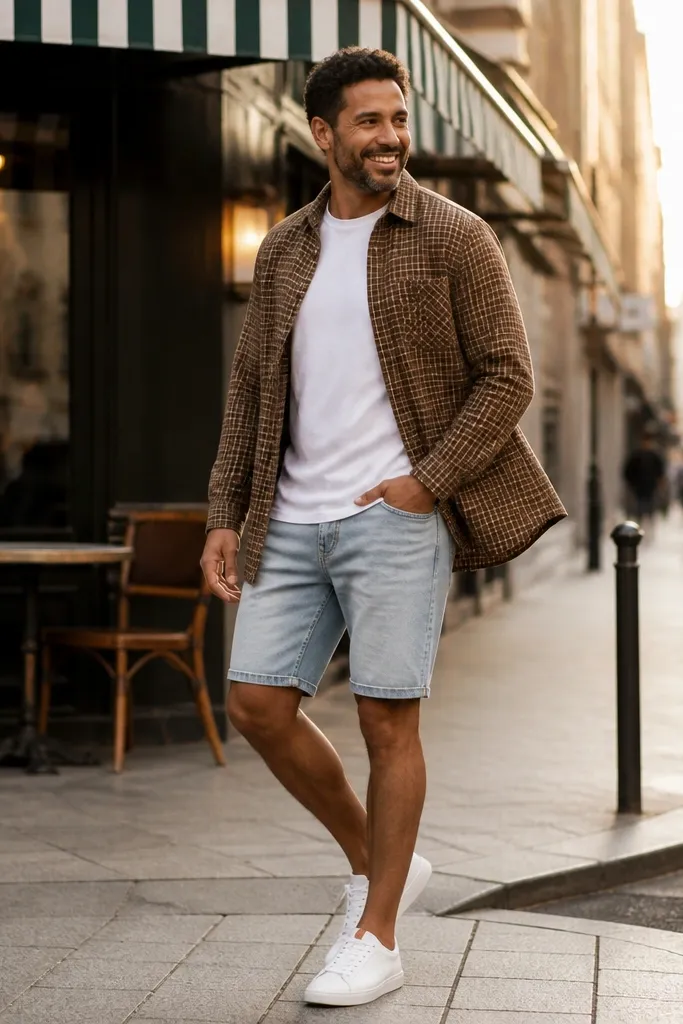 Brown flannel open over a white tee with light-wash denim shorts and white sneakers