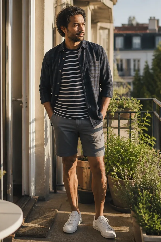 Navy flannel button-down unbuttoned over a navy and white striped tee with grey shorts