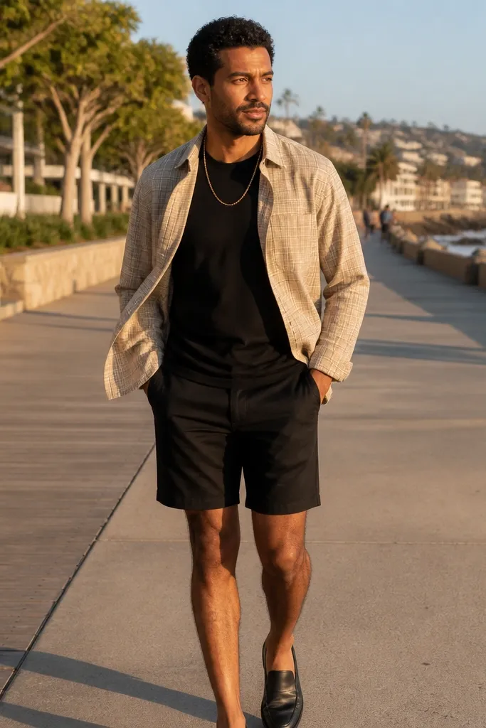 Sand flannel button-down open over black tee with black shorts and black low-top sneakers