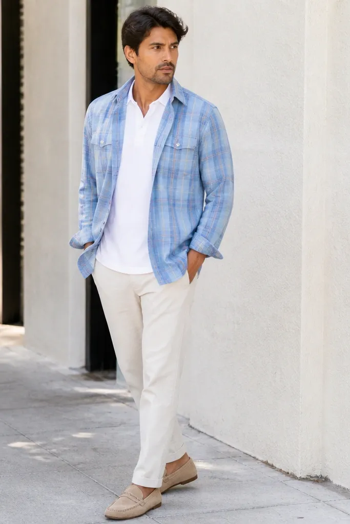 Pastel blue flannel worn open over a white polo with cream chinos and loafers