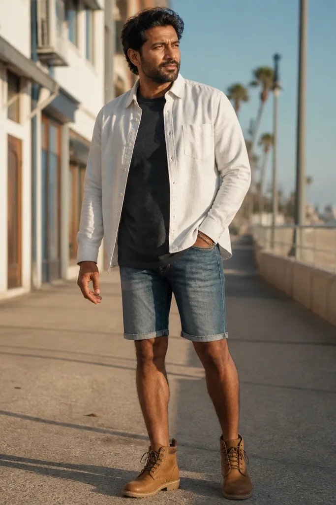 White flannel button-down worn open with denim shorts and tan boots