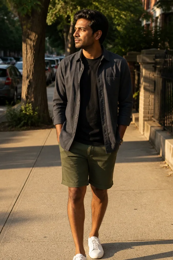 Charcoal flannel open over black tee with olive shorts and dark brown sneakers