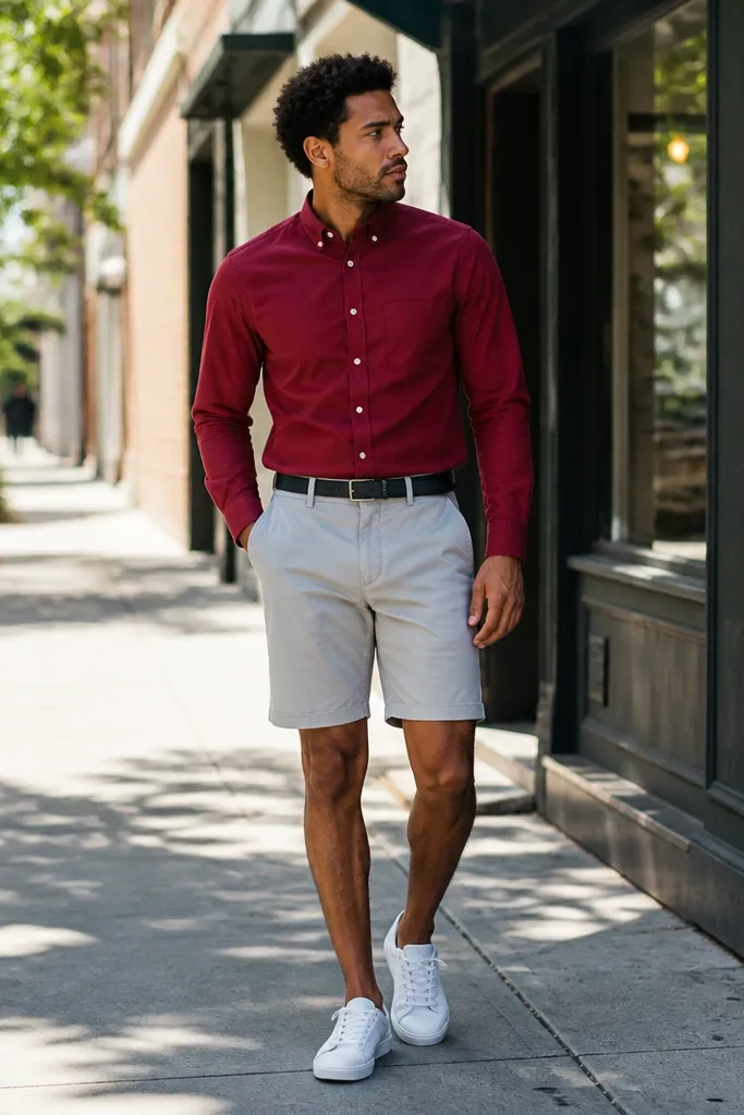 Red flannel button-down fully closed with light grey shorts and white low-top sneakers