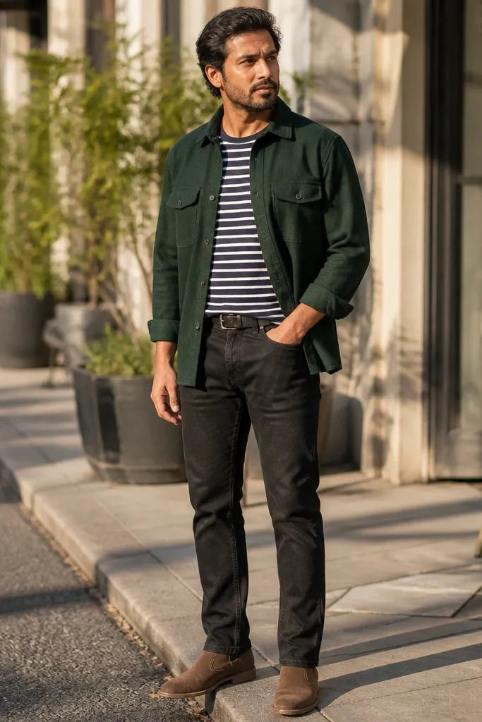 Green flannel overshirt open over a striped tee with black jeans and brown suede boots