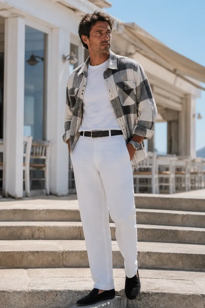 Two-tone flannel shirt open over a white tee with white trousers and tan loafers