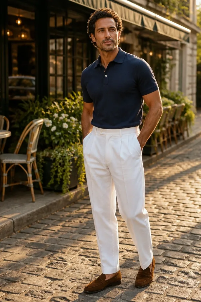 Navy polo shirt with white pleated twill pants and brown suede loafers