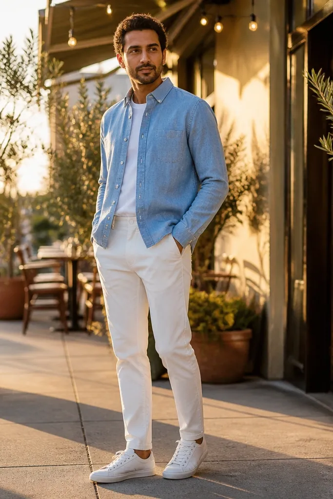 Light chambray button-down with white tapered chinos and white sneakers