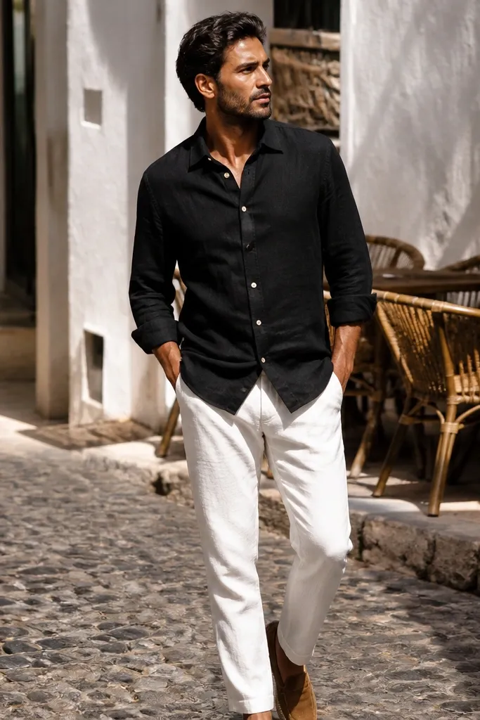 Black linen short-sleeve shirt with off-white cotton-linen pants and black leather sandals