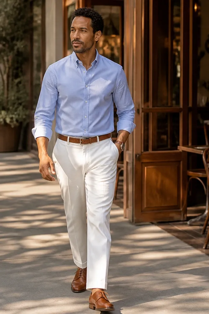Sky blue oxford shirt with white straight-leg pants and brown derbies