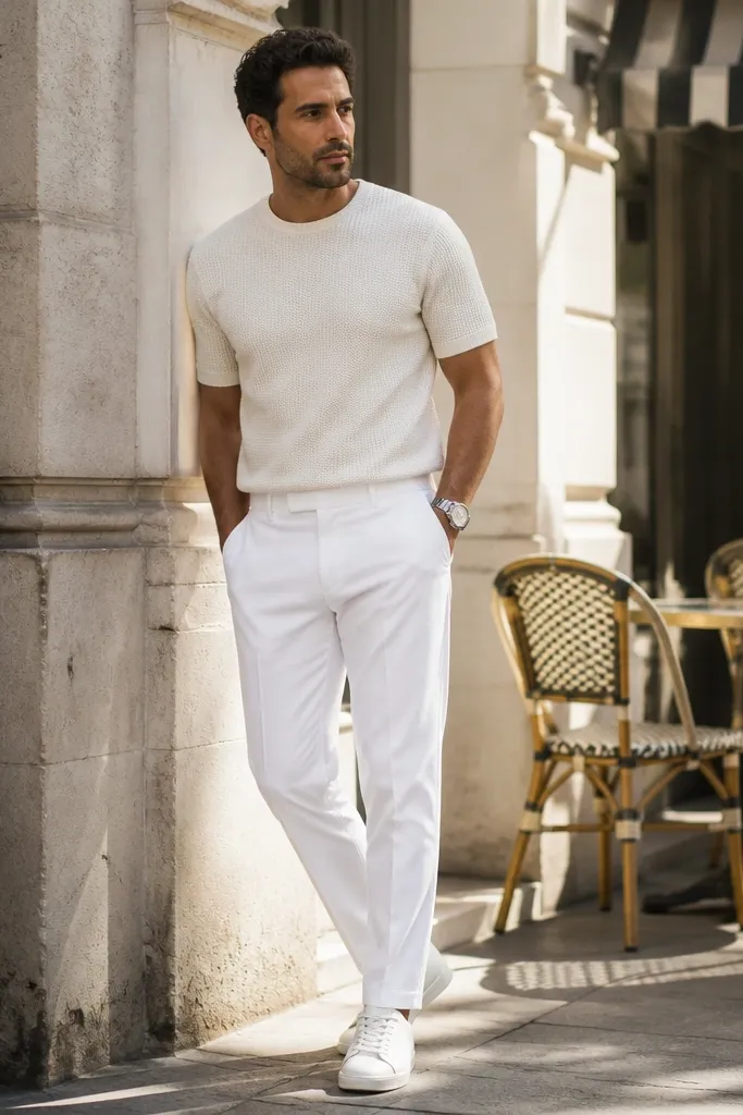 Textured off-white tee with white pants and tan suede slip-ons