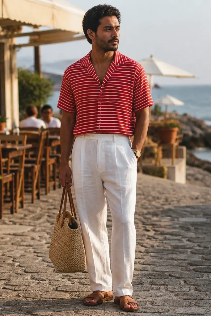 Red-and-white striped camp shirt with white linen trousers and white canvas sneakers