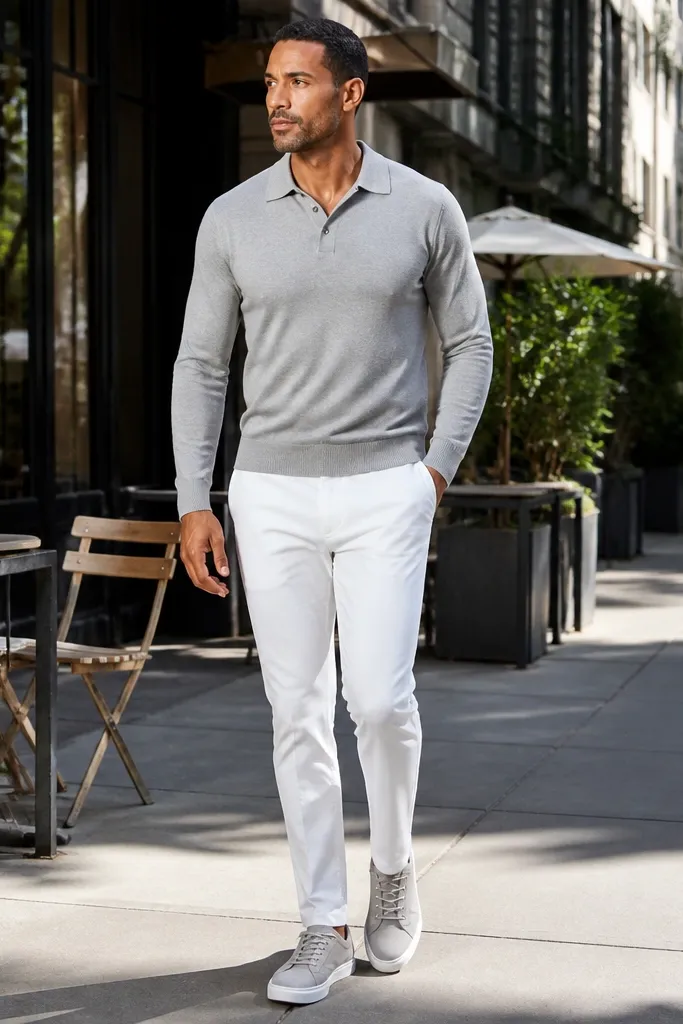 Light gray knit polo with white pants and gray low-top sneakers