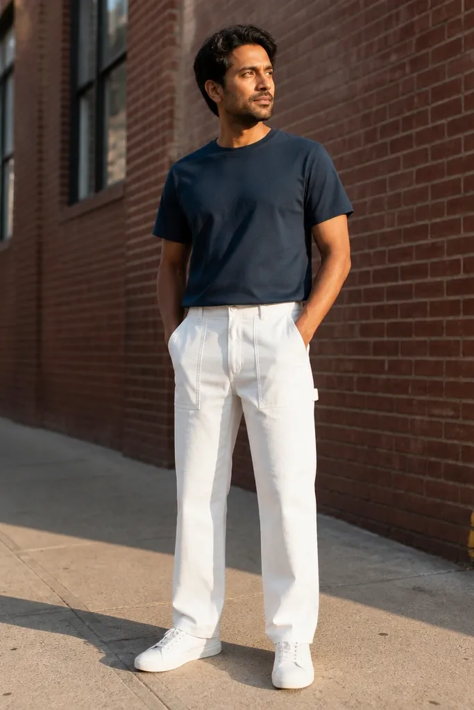 Navy crewneck t-shirt with white chore pants and white leather sneakers
