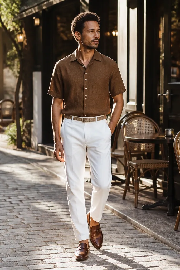 Tobacco brown short-sleeve shirt with white tapered pants and brown loafers