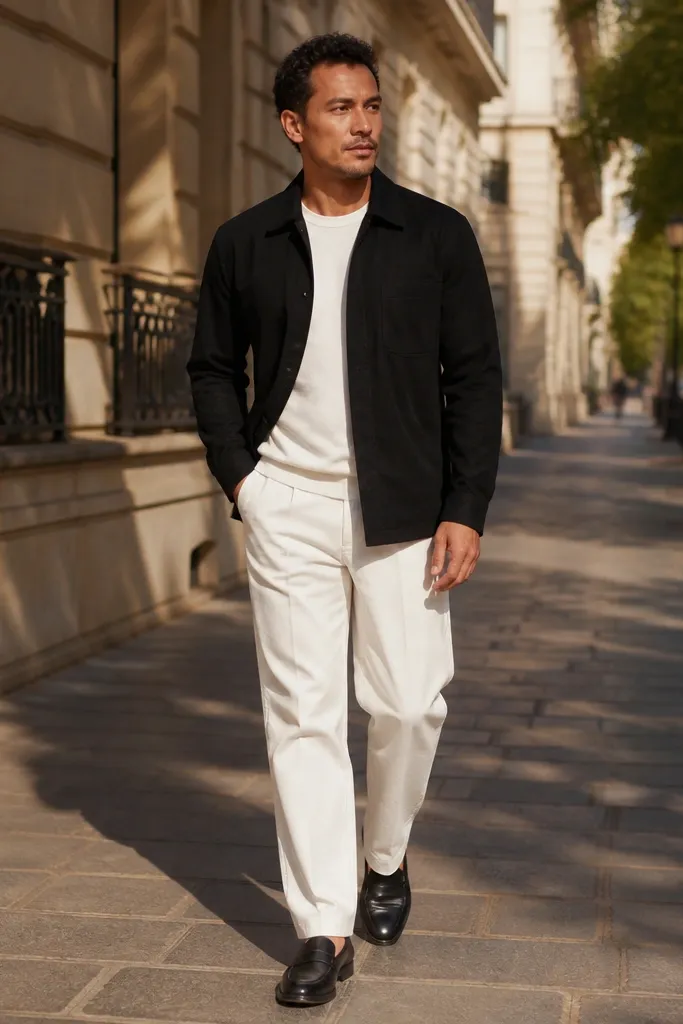 Black overshirt over a white tee with straight white pants and black loafers