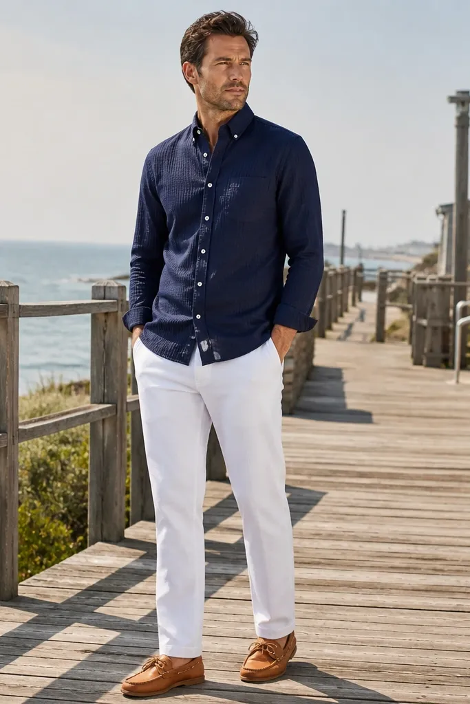 Navy seersucker shirt with white pants and brown boat shoes