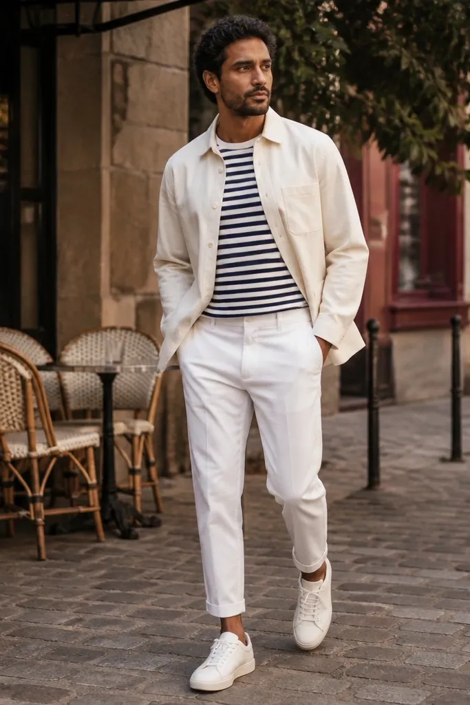 Blue-and-white striped tee under a light overshirt with white cropped trousers and white sneakers