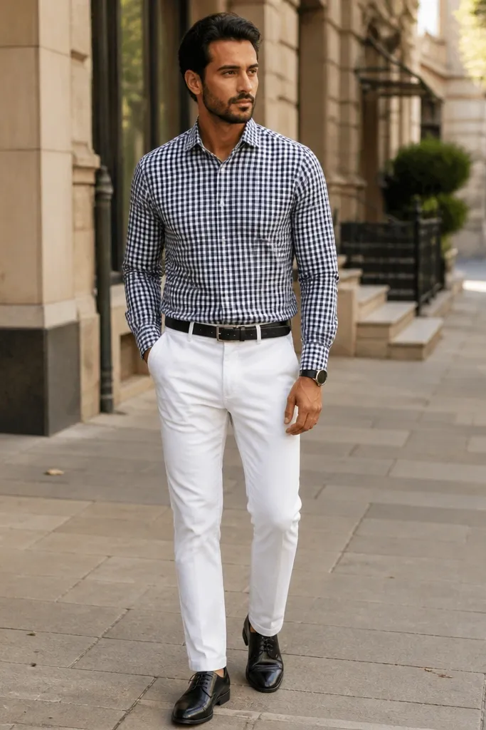 Black-and-white check button-down with white pants and black leather derby shoes