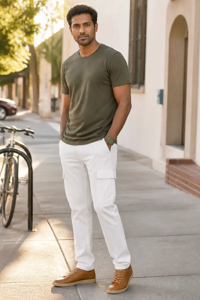 Olive-green t-shirt with white cargo pants and tan hiking sneakers