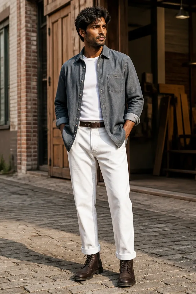 Gray chambray overshirt with white pants and dark brown boots