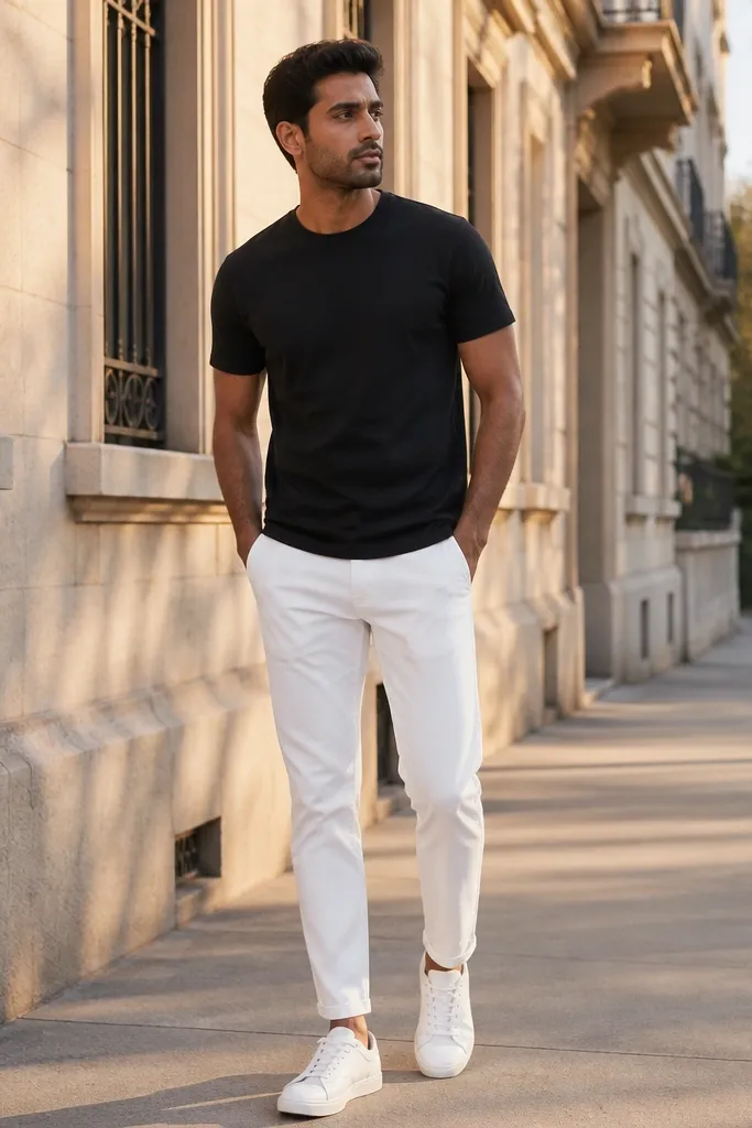 Black fitted t-shirt with white tapered pants and white-sole sneakers