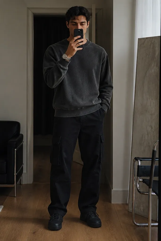 A man stands front-facing in a mirror photo wearing black cargo pants with visible pocket flaps, a washed charcoal crewneck sweatshirt, black low-top sneakers, and a simple silver watch. The sweatshirt hem sits mid-hip with a slight taper at the waist.