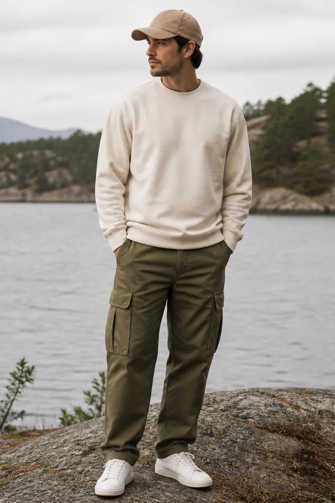 A man wears olive green cargo pants with large side pockets, a cream oatmeal sweatshirt with no visible logo, white leather sneakers, and a tan baseball cap. The outfit looks casual and slightly outdoorsy.