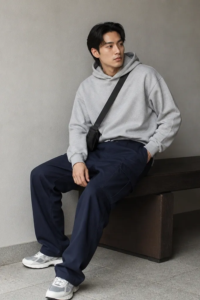 A man sits on a low bench wearing navy cargo pants, a light gray zipless hoodie, gray-and-white sneakers, and a crossbody bag. The hoodie is slightly cropped at the front.