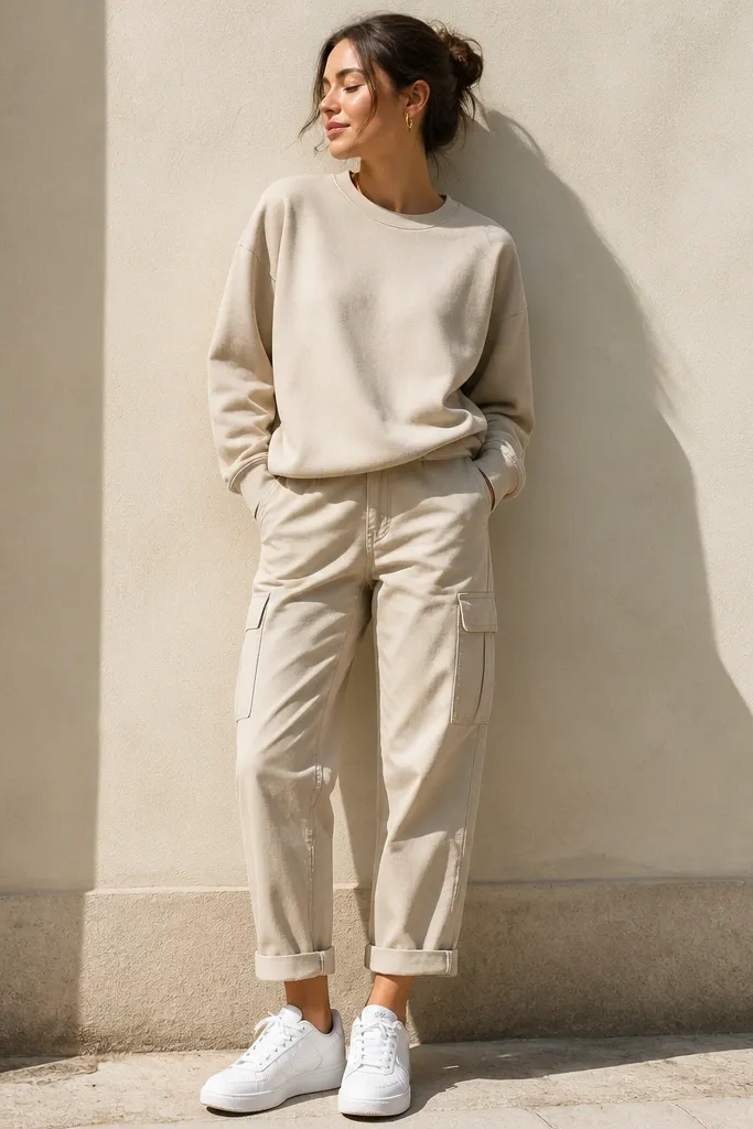 A woman wearing stone beige cargo pants with cuffed hems pairs them with a sand-colored sweatshirt. She has white sneakers and small hoop earrings. The outfit is bright under daylight.