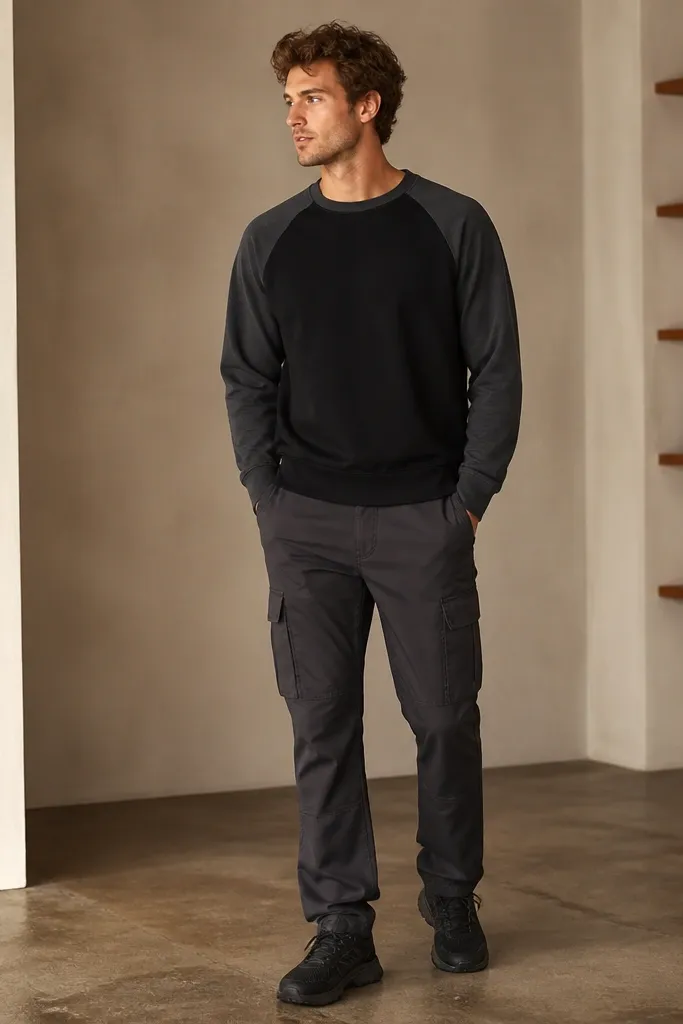A man wears charcoal cargo pants and a black raglan sweatshirt with contrasting sleeves. The neckline is crew and the sleeves have a sporty seam. He's wearing black trainers.