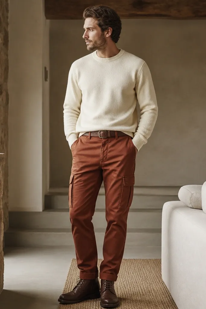 A man wears rust red-brown cargo pants paired with a cream sweatshirt. He has brown leather boots and a dark belt. The outfit looks warm and slightly dressy.